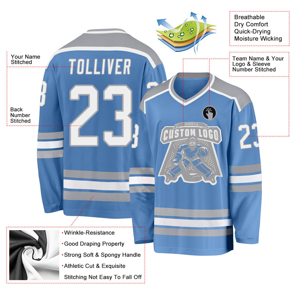 Custom Light Blue White-Gray Hockey Jersey view 3
