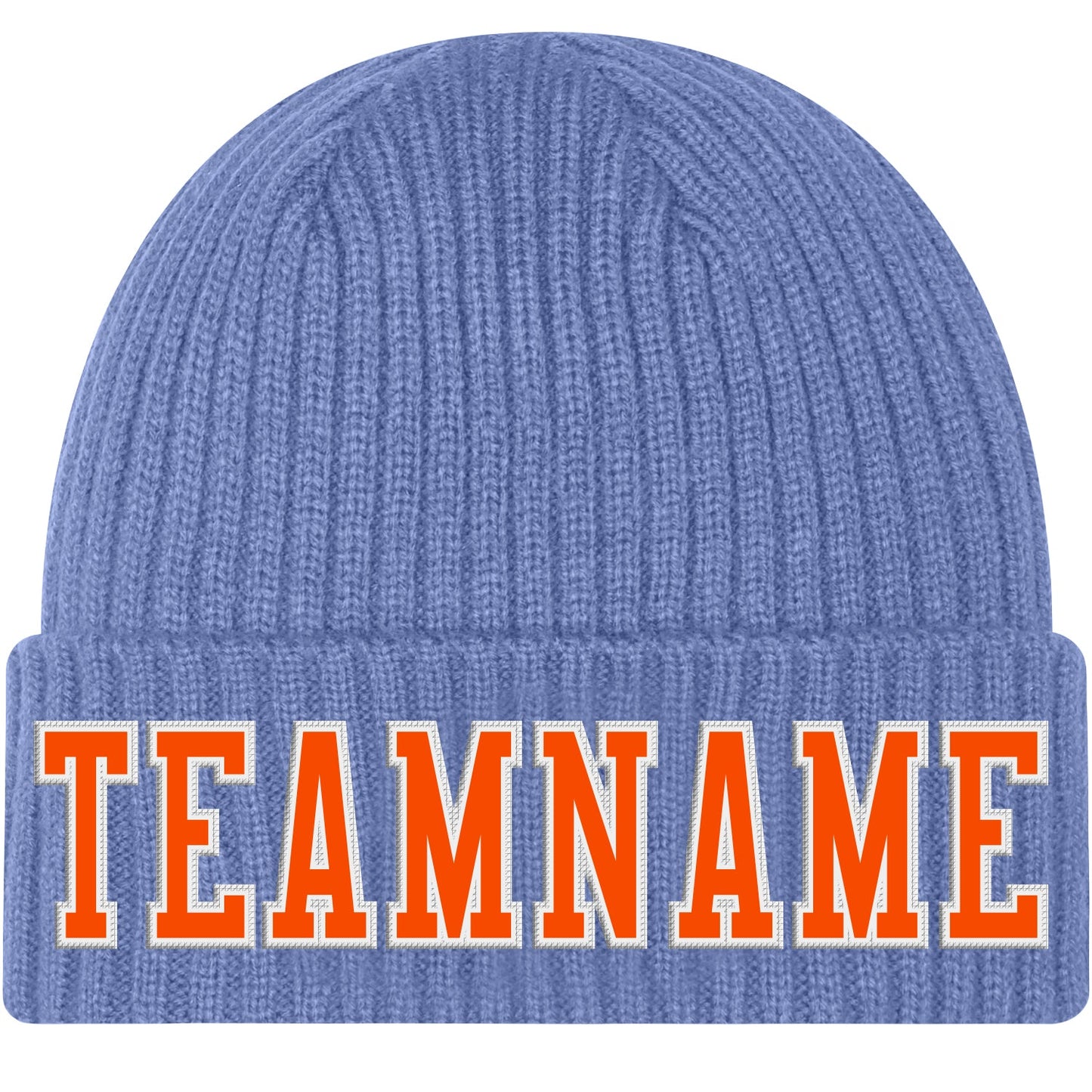 Custom Light Blue Orange-White Stitched Cuffed Knit Hat - Main View