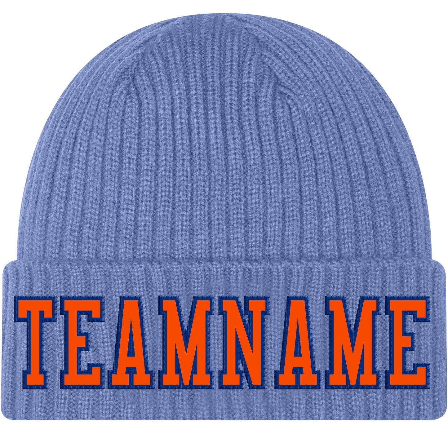 Custom Light Blue Orange-Royal Stitched Cuffed Knit Hat - Main View