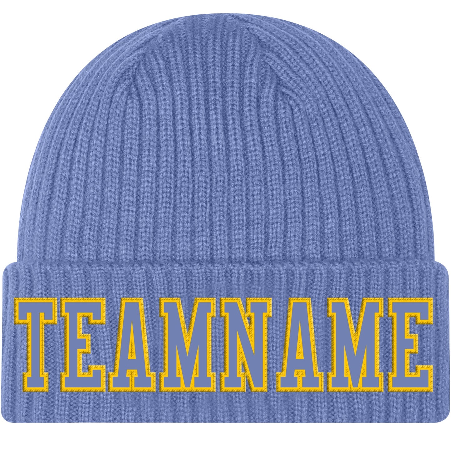Custom Light Blue Light Blue-Gold Stitched Cuffed Knit Hat - Main View