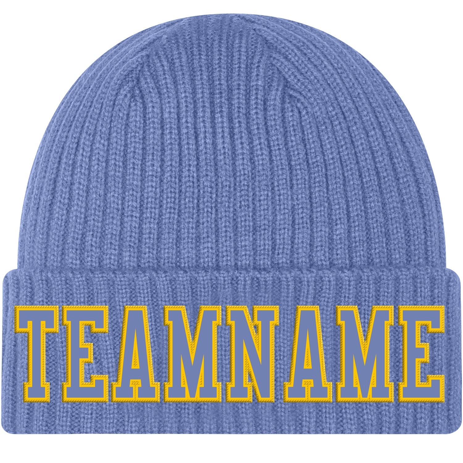 Custom Light Blue Light Blue-Gold Stitched Cuffed Knit Hat - Main View