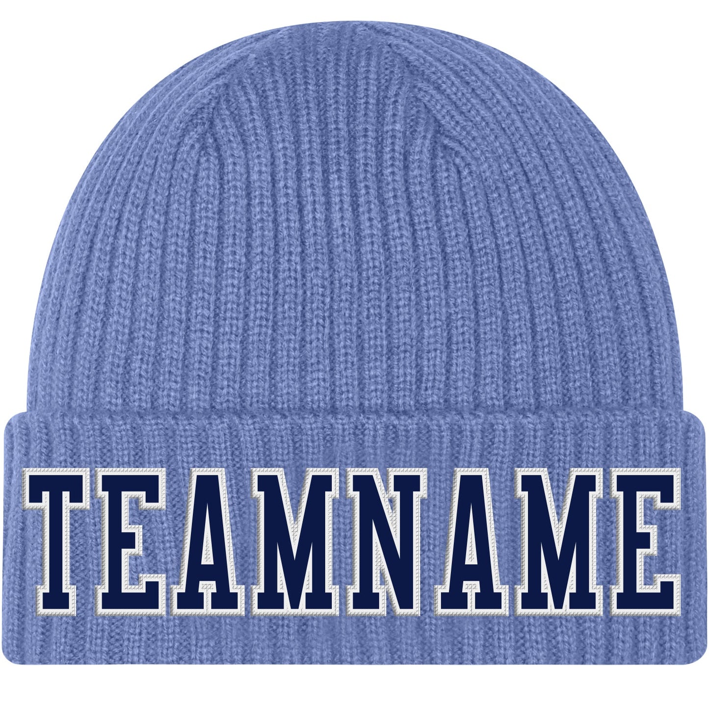 Custom Light Blue Navy-White Stitched Cuffed Knit Hat - Main View