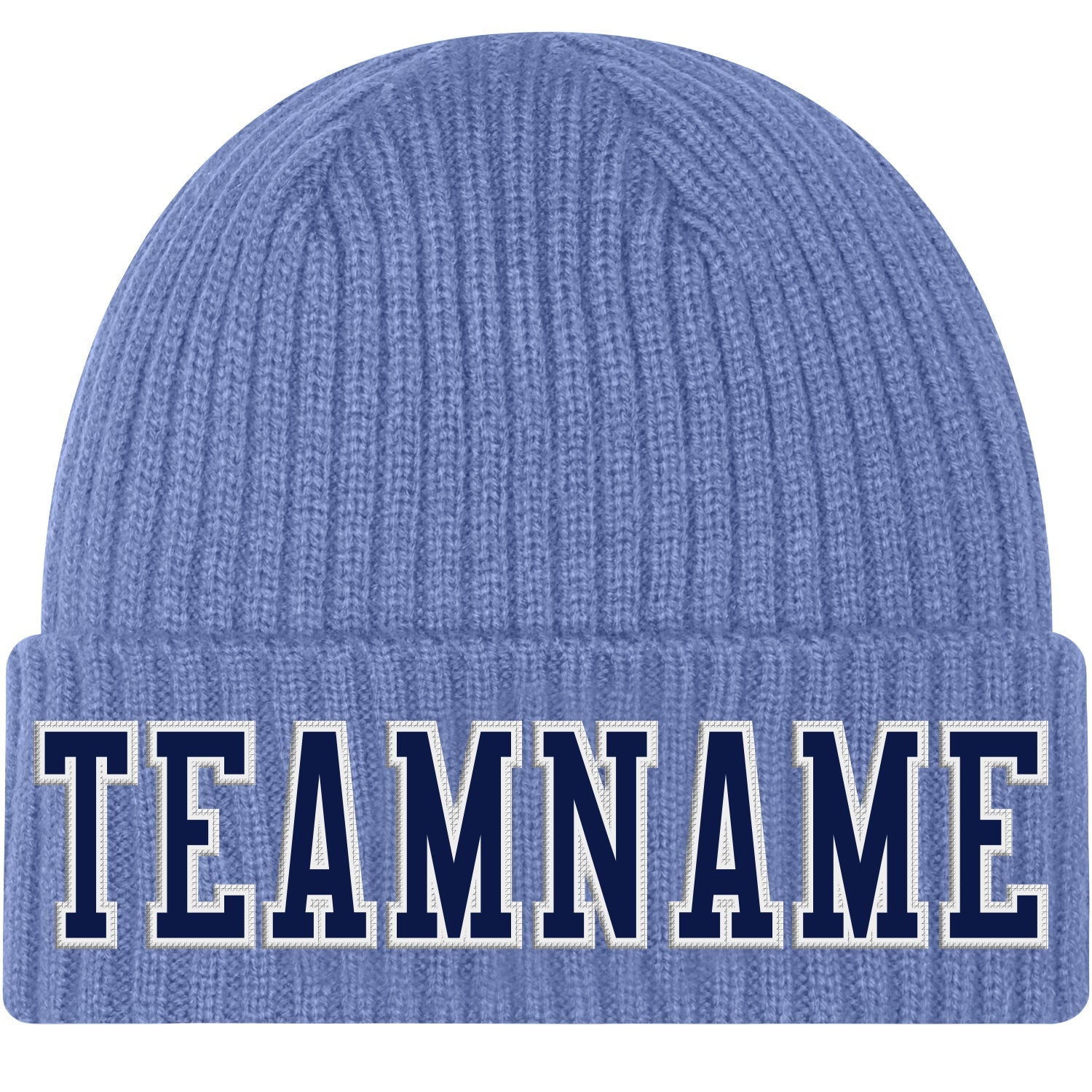 Custom Light Blue Navy-White Stitched Cuffed Knit Hat - Main View