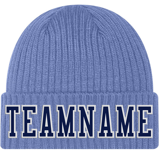 Custom Light Blue Navy-White Stitched Cuffed Knit Hat - Main View