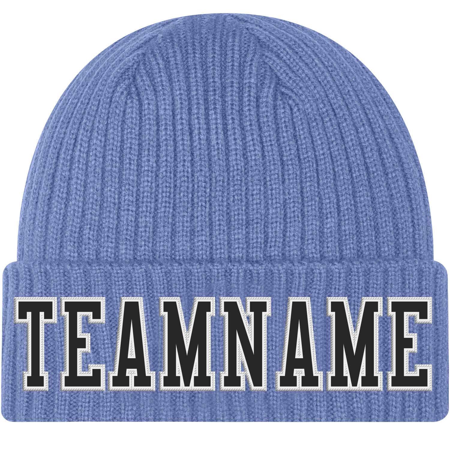 Custom Light Blue Black-White Stitched Cuffed Knit Hat - Main View