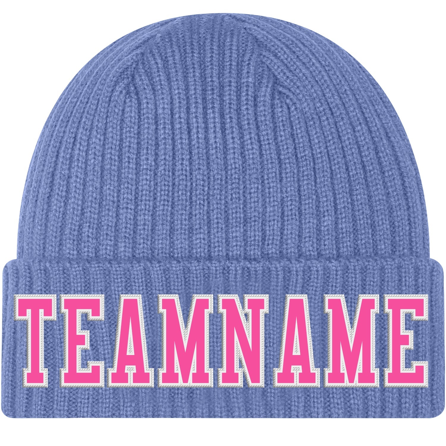 Custom Light Blue Pink-White Stitched Cuffed Knit Hat - Main View