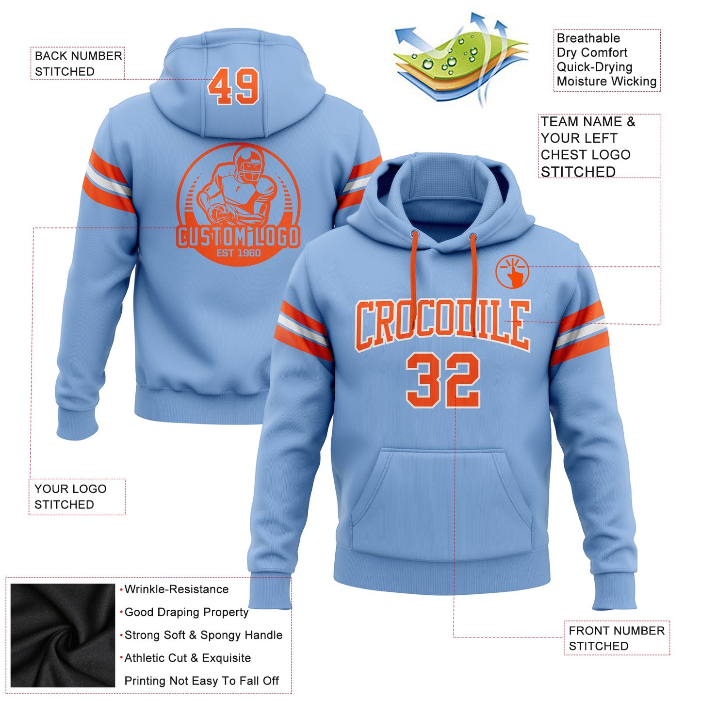 Custom Stitched Light Blue Orange-White Football Pullover Sweatshirt Hoodie view 2