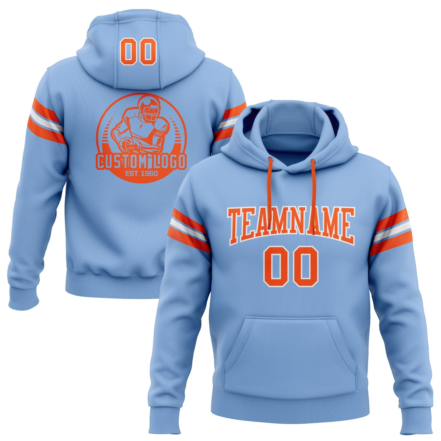 Custom Stitched Light Blue Orange-White Football Pullover Sweatshirt Hoodie - Main View