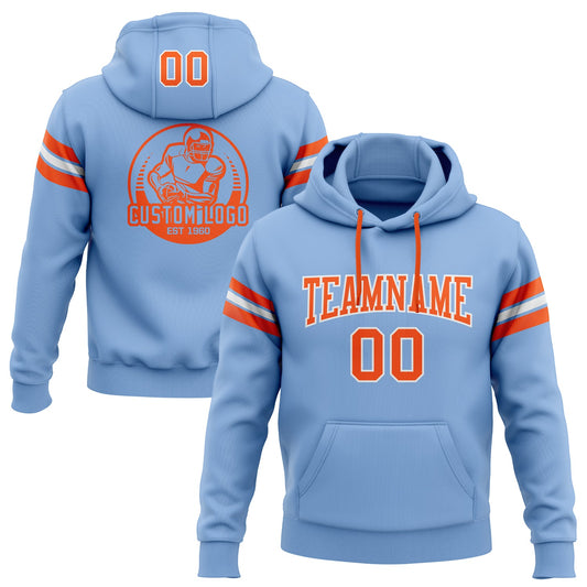 Custom Stitched Light Blue Orange-White Football Pullover Sweatshirt Hoodie - Main View