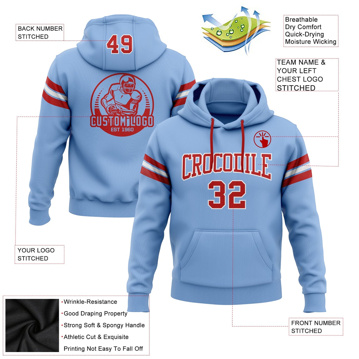 Custom Stitched Light Blue Red-White Football Pullover Sweatshirt Hoodie view 2