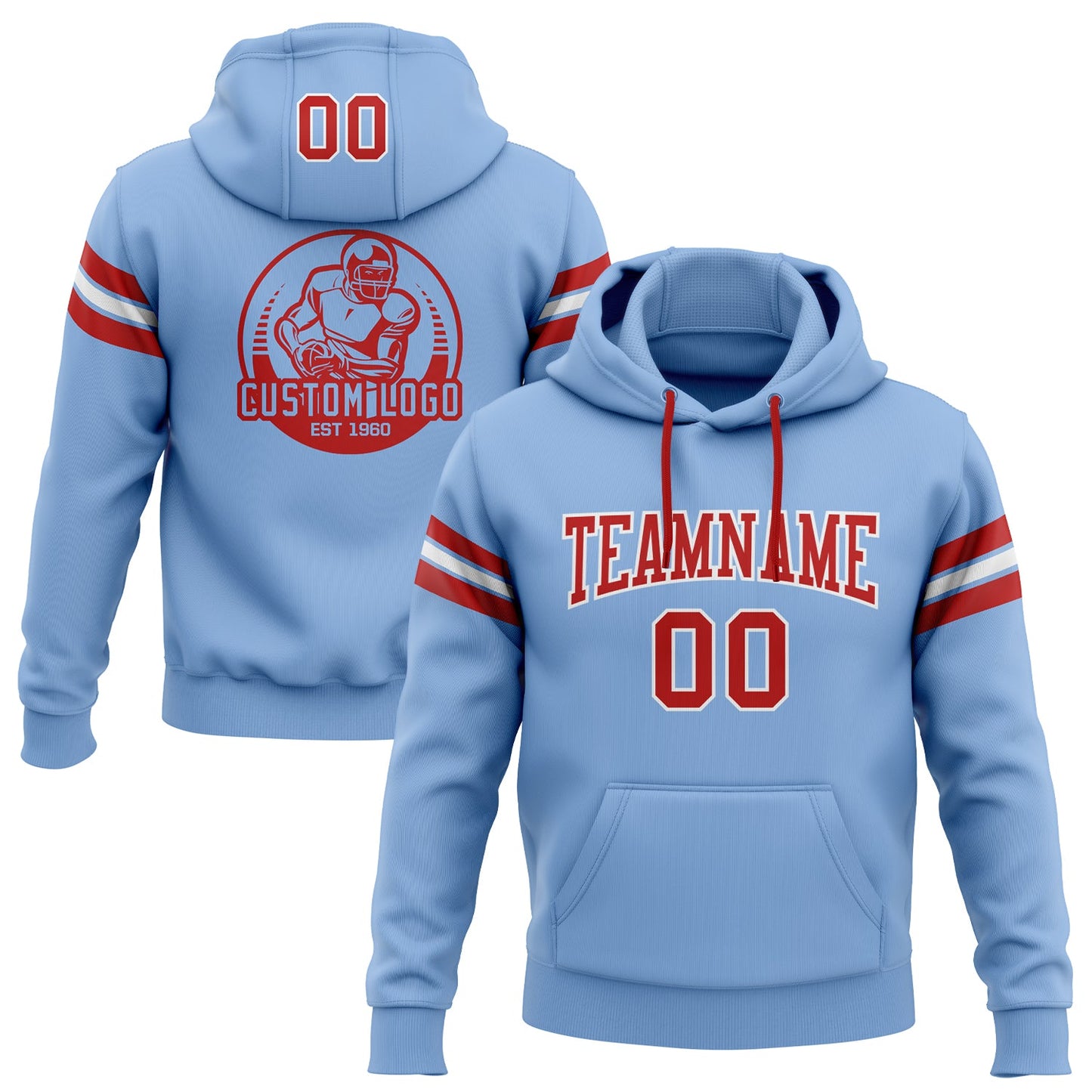 Custom Stitched Light Blue Red-White Football Pullover Sweatshirt Hoodie - Main View