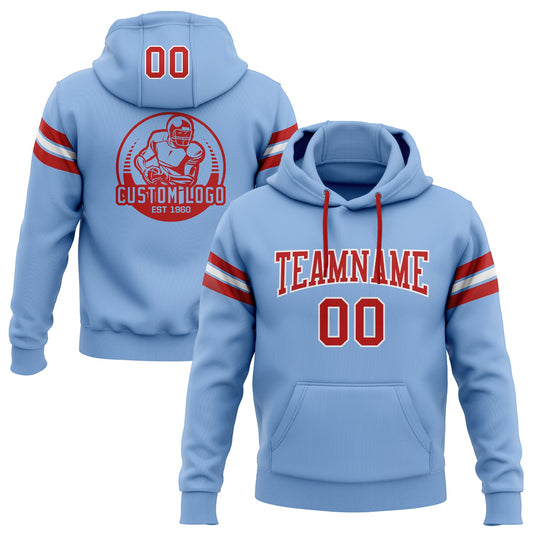 Custom Stitched Light Blue Red-White Football Pullover Sweatshirt Hoodie - Main View