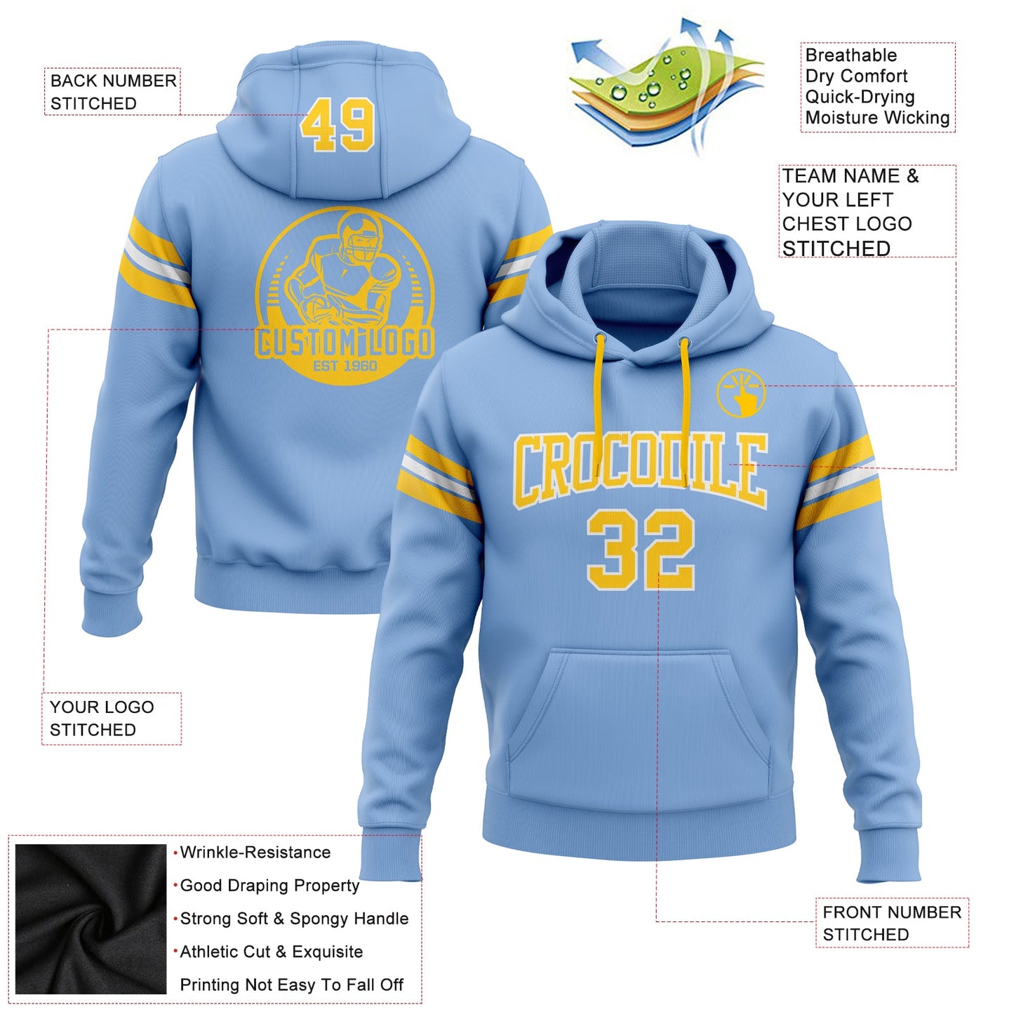 Custom Stitched Light Blue Gold-White Football Pullover Sweatshirt Hoodie view 2