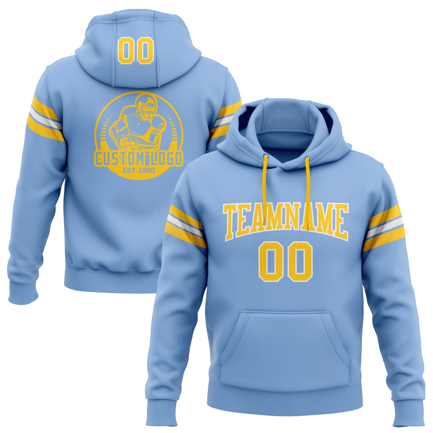 Custom Stitched Light Blue Gold-White Football Pullover Sweatshirt Hoodie - Main View
