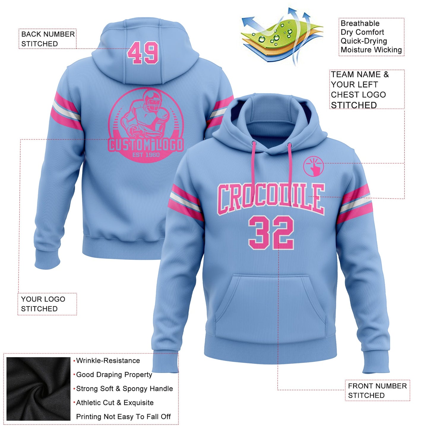 Custom Stitched Light Blue Pink-White Football Pullover Sweatshirt Hoodie view 2