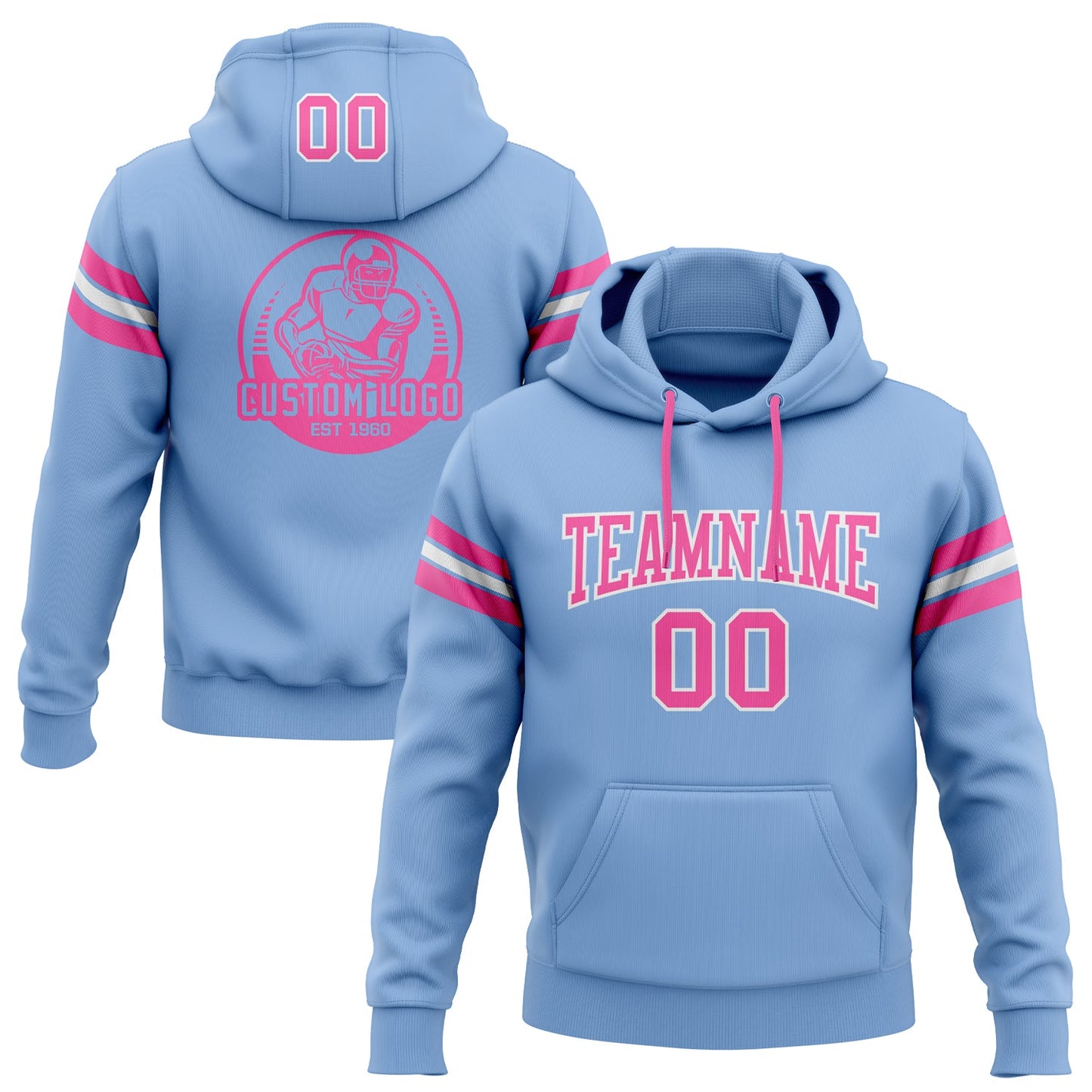 Custom Stitched Light Blue Pink-White Football Pullover Sweatshirt Hoodie - Main View
