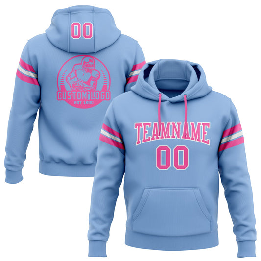 Custom Stitched Light Blue Pink-White Football Pullover Sweatshirt Hoodie - Main View