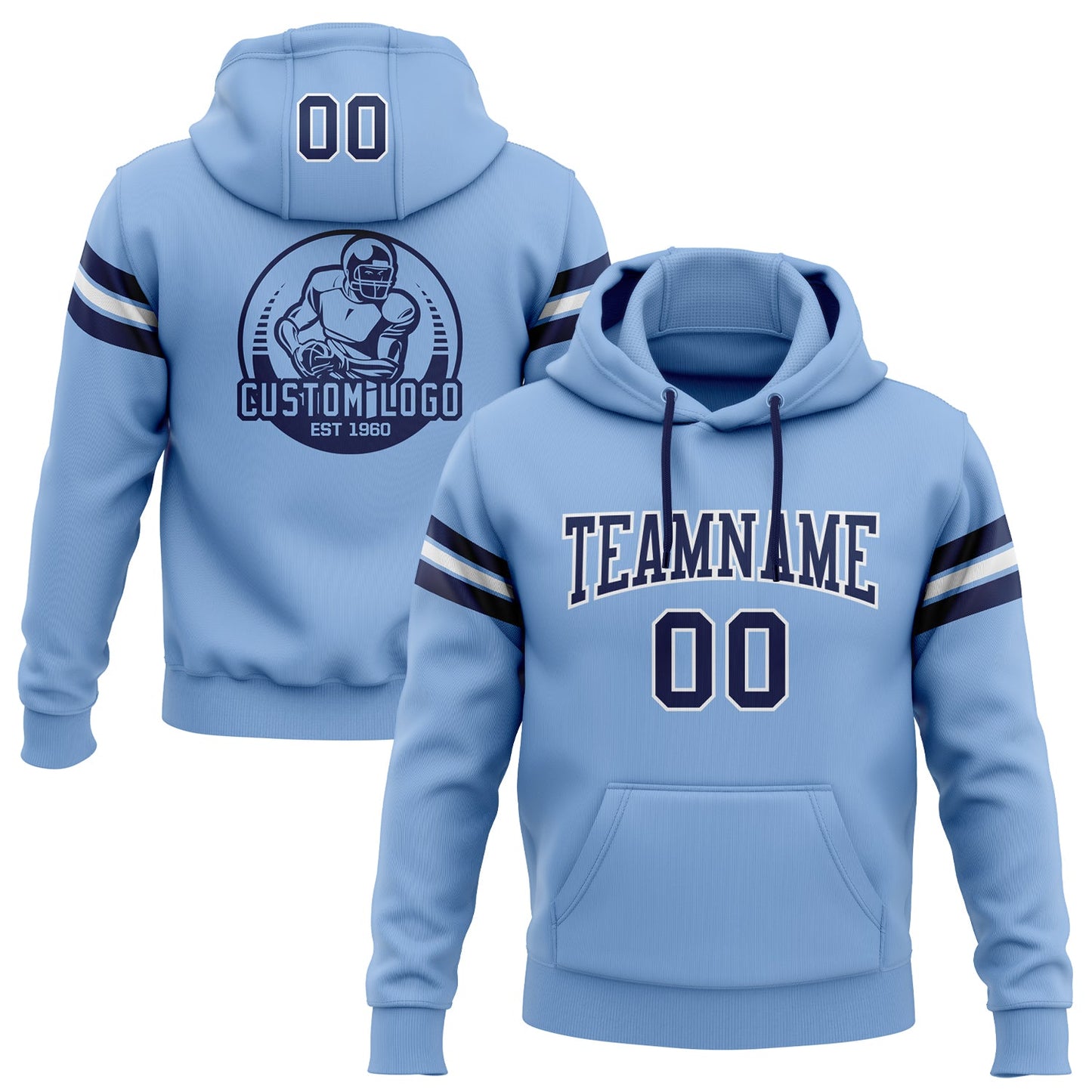 Custom Stitched Light Blue Navy-White Football Pullover Sweatshirt Hoodie - Main View