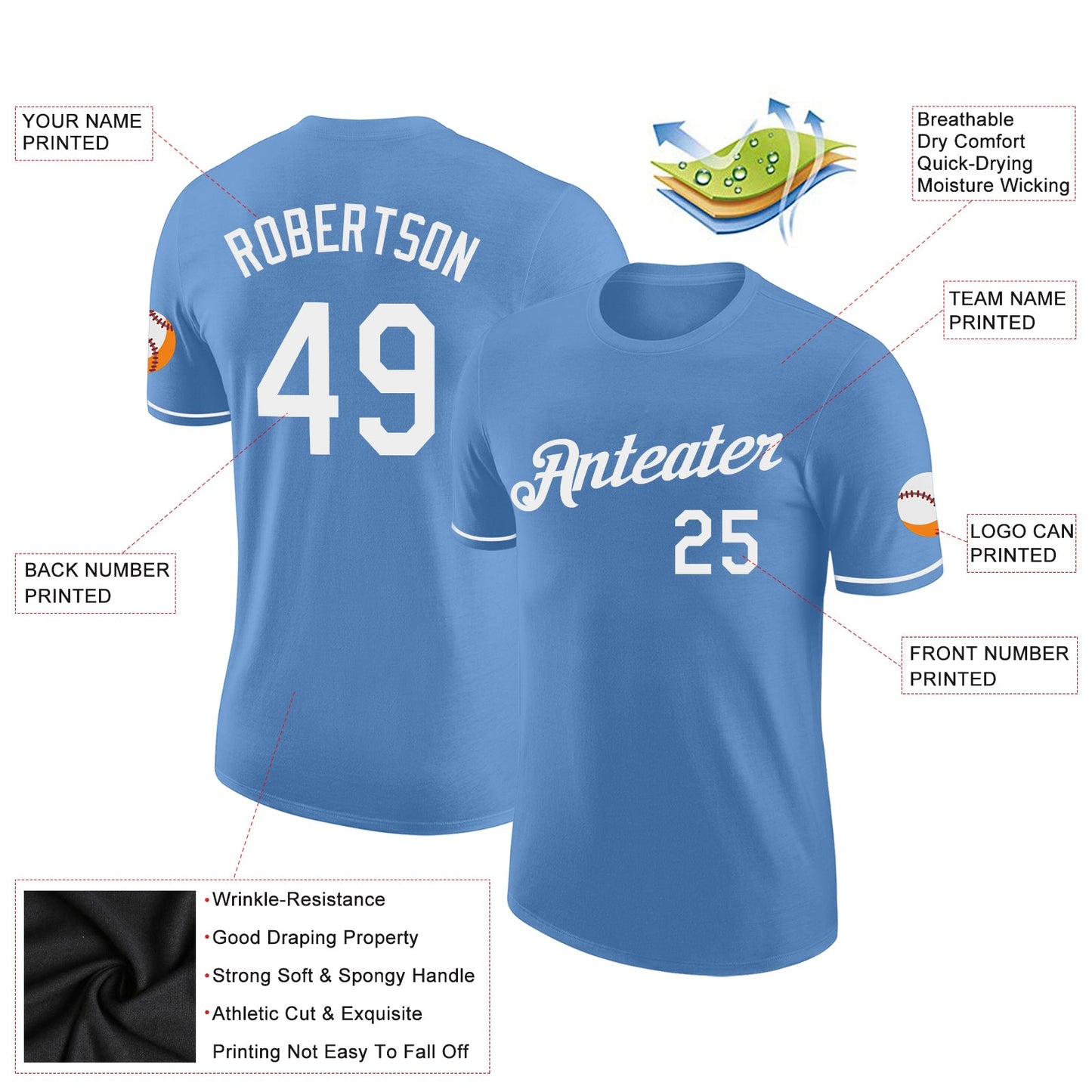 Custom Light Blue White Performance T-Shirt view 2