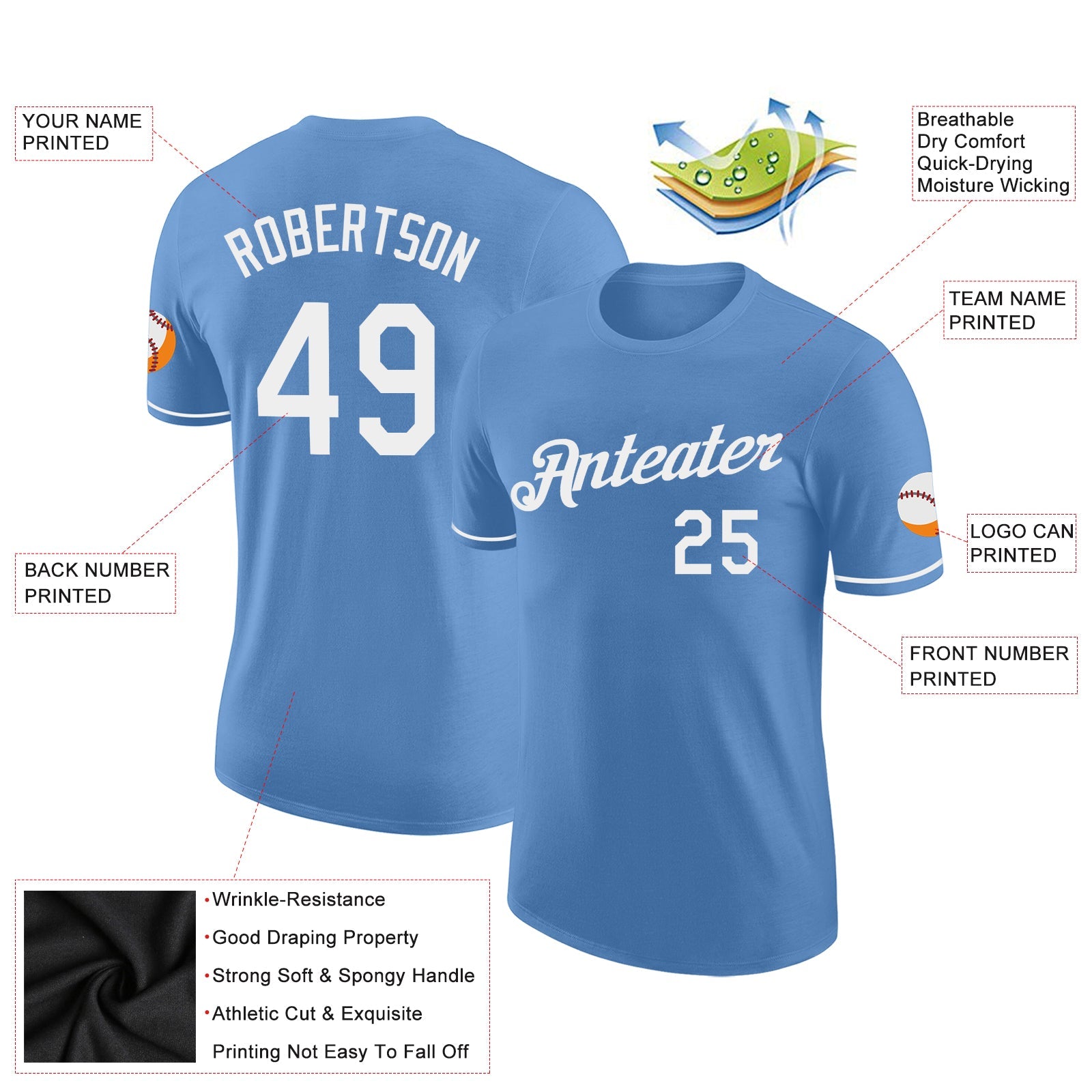 Custom Light Blue White Performance T-Shirt view 2