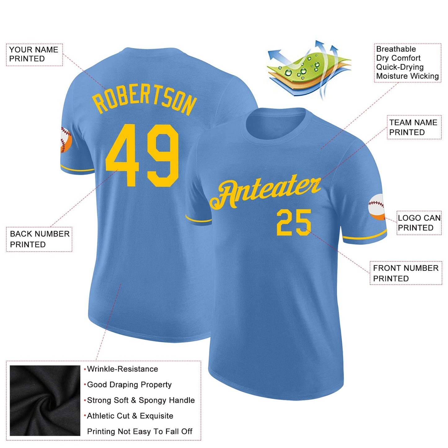 Custom Light Blue Gold Performance T-Shirt view 2