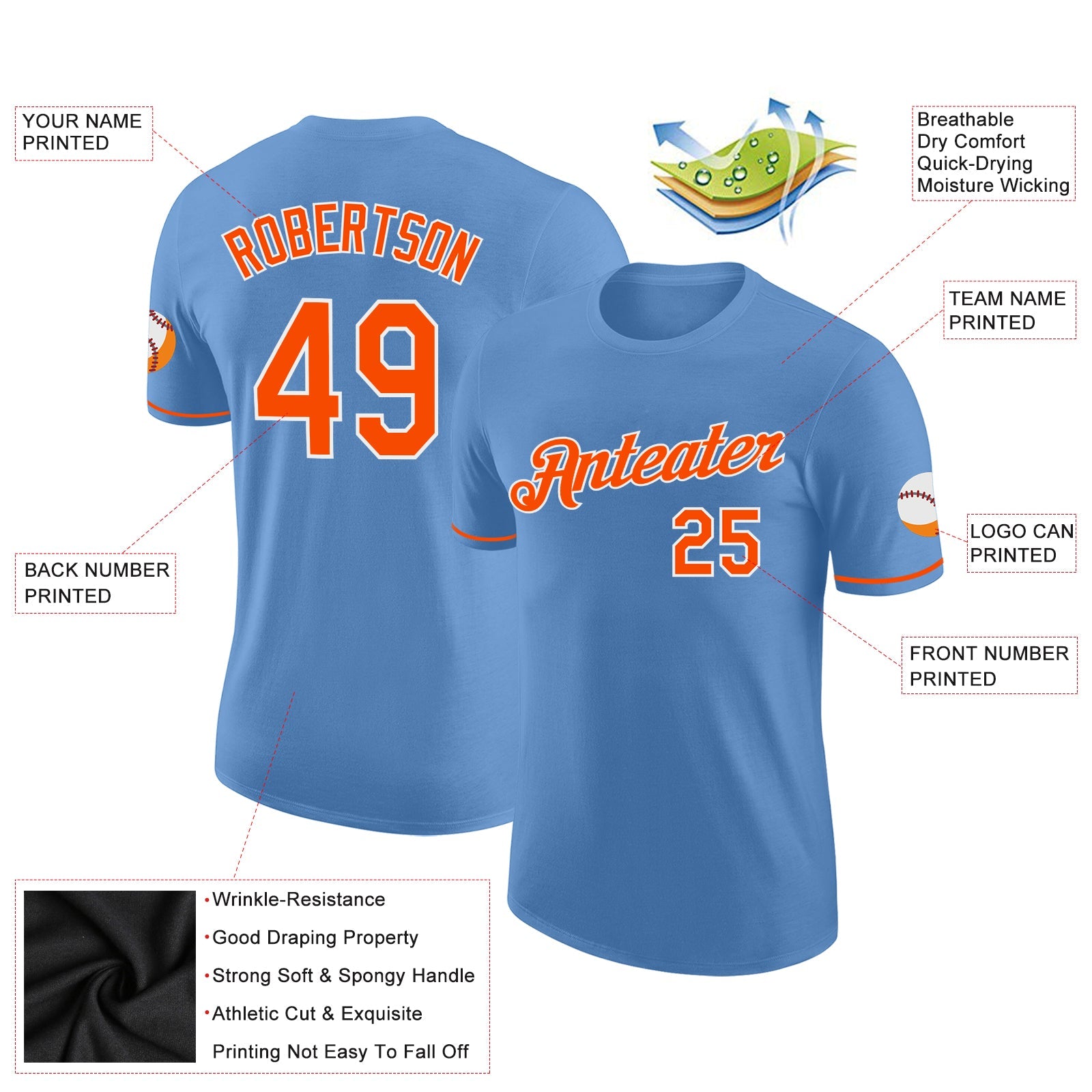 Custom Light Blue Orange-White Performance T-Shirt view 2