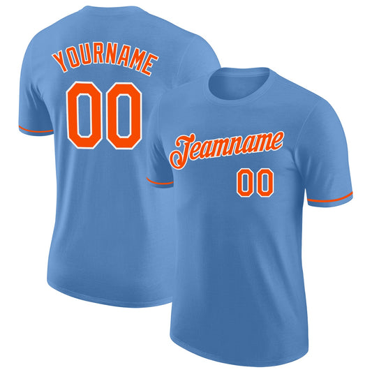 Custom Light Blue Orange-White Performance T-Shirt - Main View