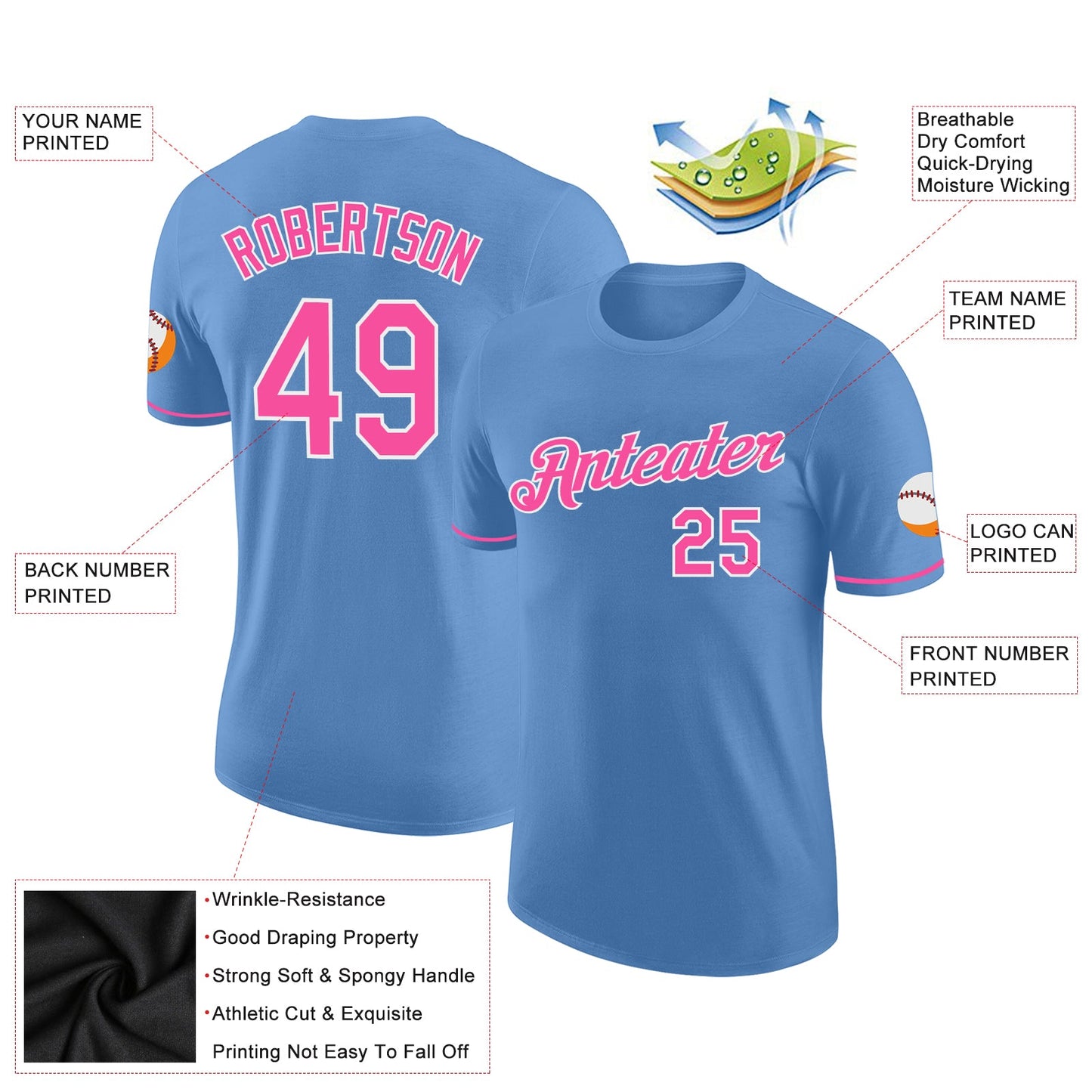 Custom Light Blue Pink-White Performance T-Shirt view 2