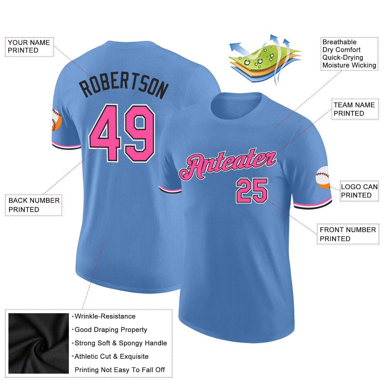 Custom Light Blue Pink-Black Performance T-Shirt view 2