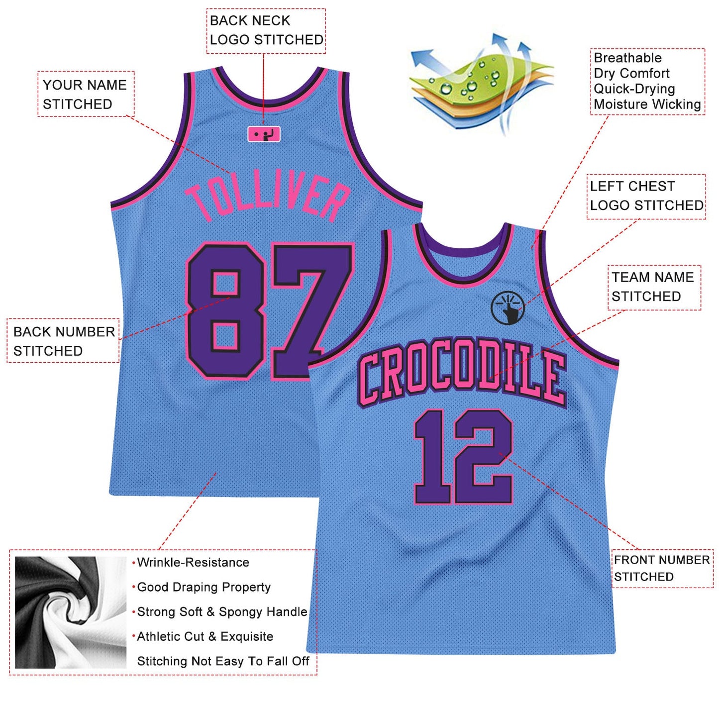 Custom Light Blue Purple Black-Pink Authentic Throwback Basketball Jersey view 2