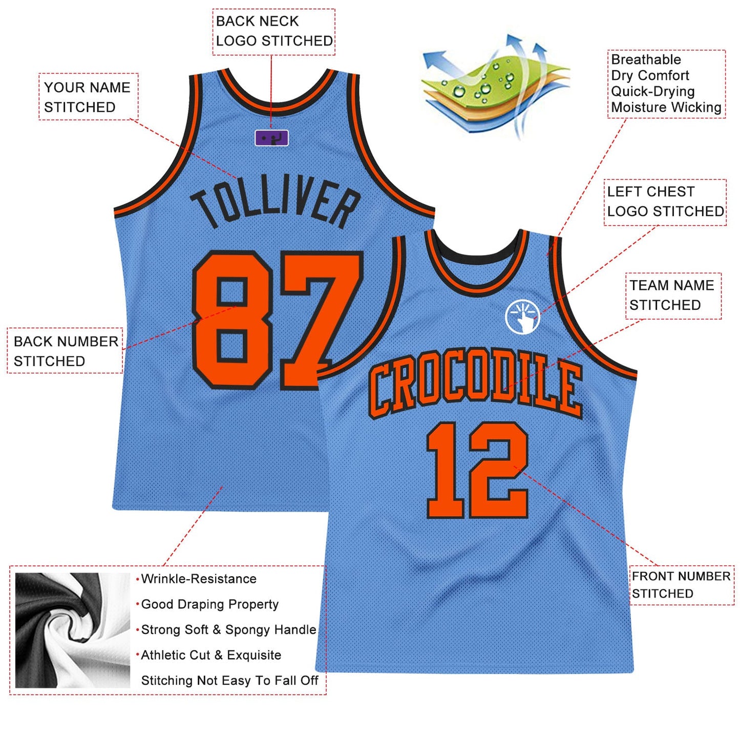 Custom Light Blue Orange-Black Authentic Throwback Basketball Jersey view 2