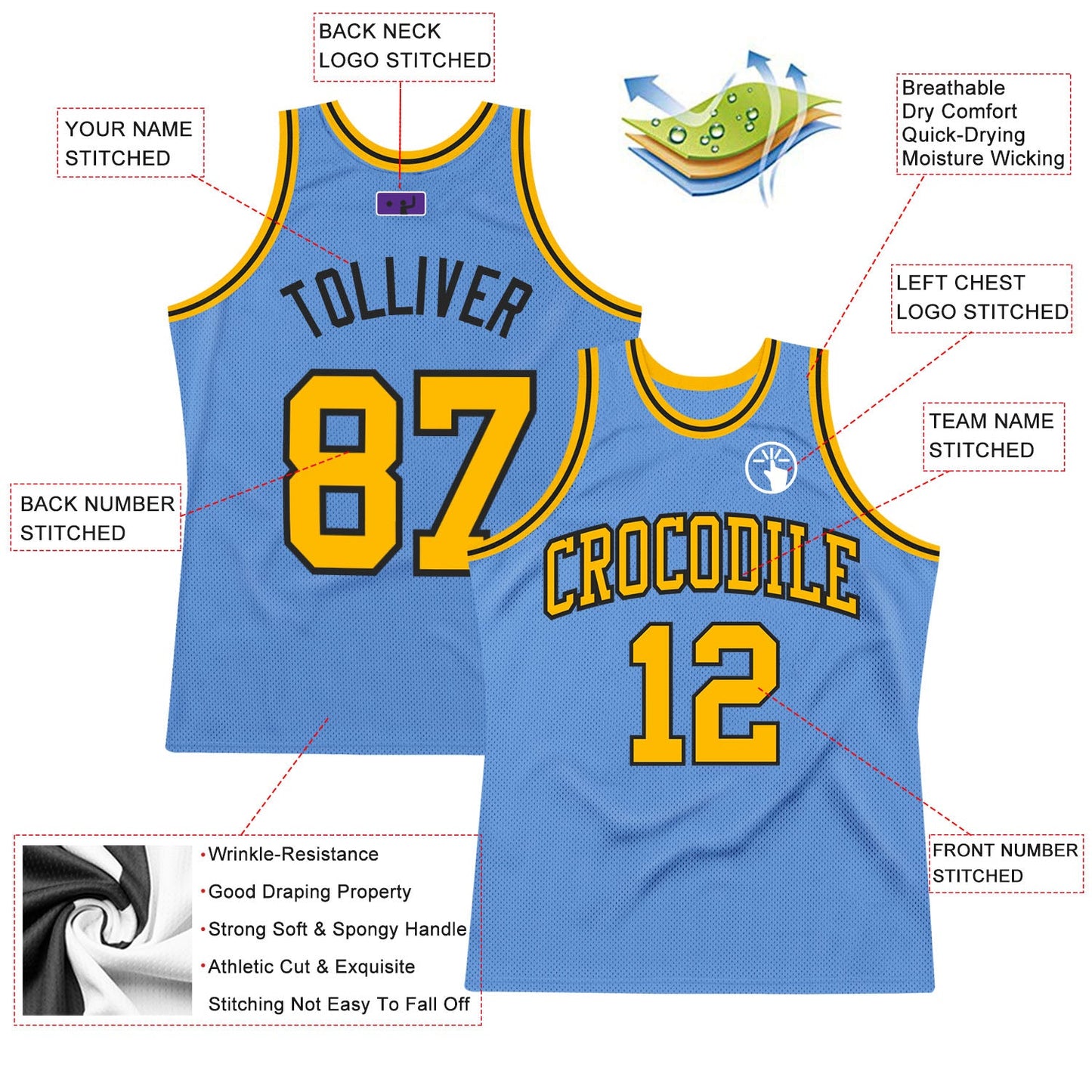 Custom Light Blue Gold-Black Authentic Throwback Basketball Jersey view 2