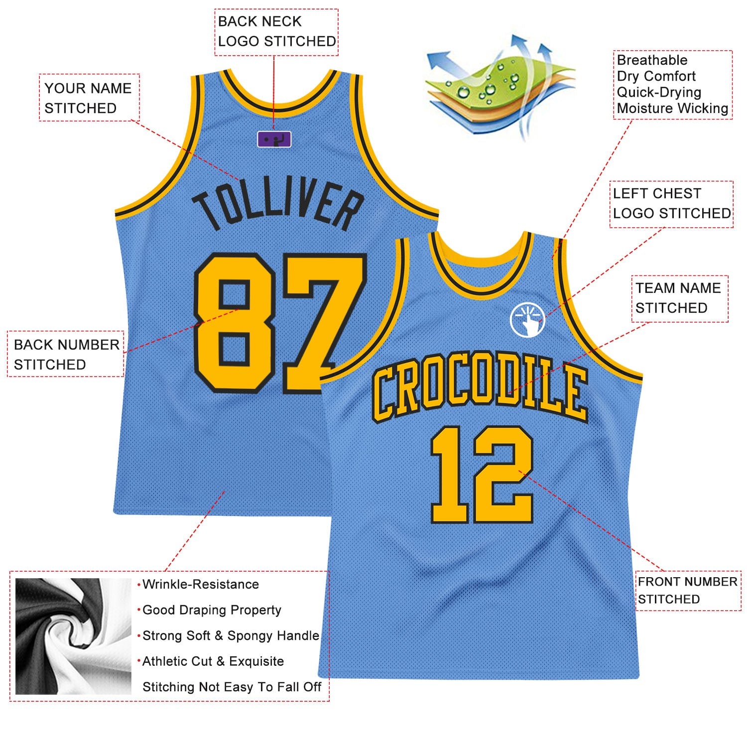 Custom Light Blue Gold-Black Authentic Throwback Basketball Jersey view 2