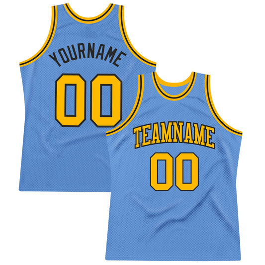 Custom Light Blue Gold-Black Authentic Throwback Basketball Jersey - Main View