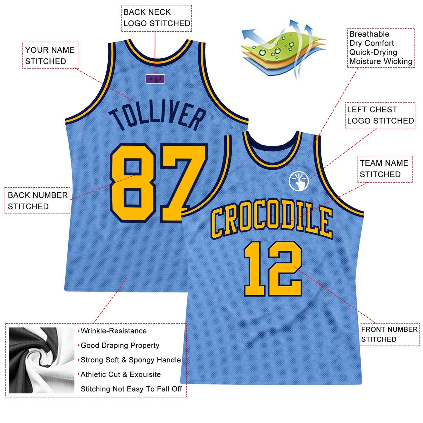 Custom Light Blue Gold-Navy Authentic Throwback Basketball Jersey view 2