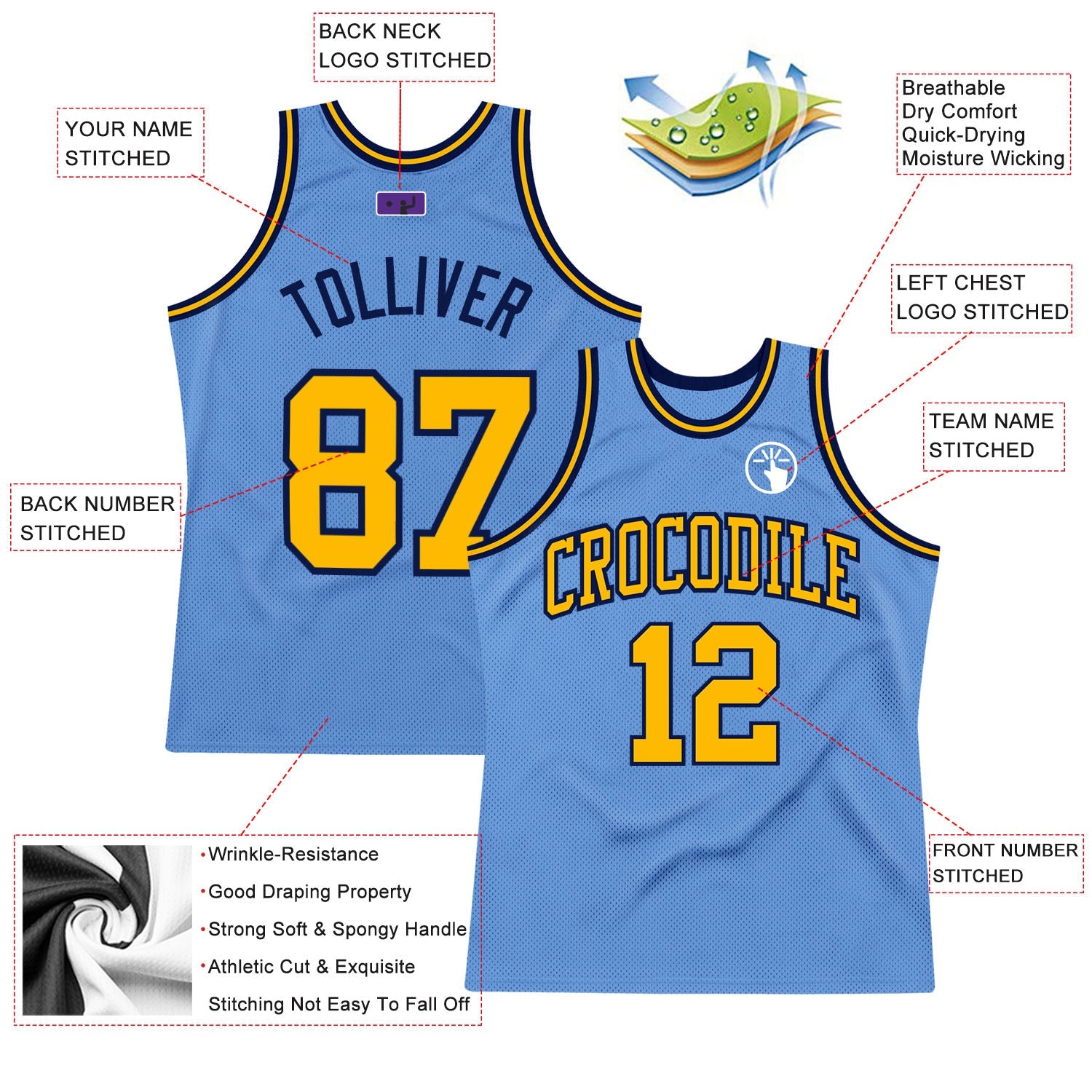 Custom Light Blue Gold-Navy Authentic Throwback Basketball Jersey view 2