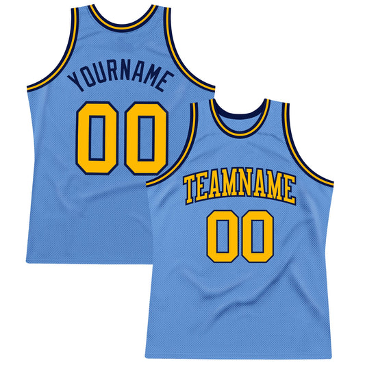 Custom Light Blue Gold-Navy Authentic Throwback Basketball Jersey - Main View
