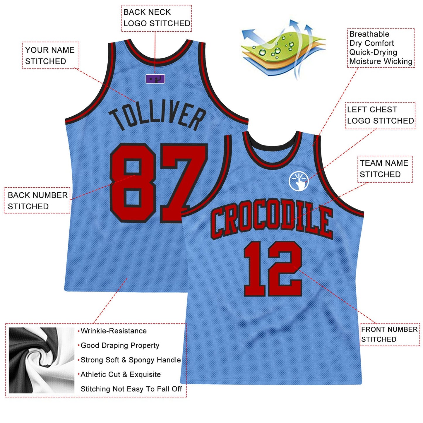 Custom Light Blue Red-Black Authentic Throwback Basketball Jersey view 2