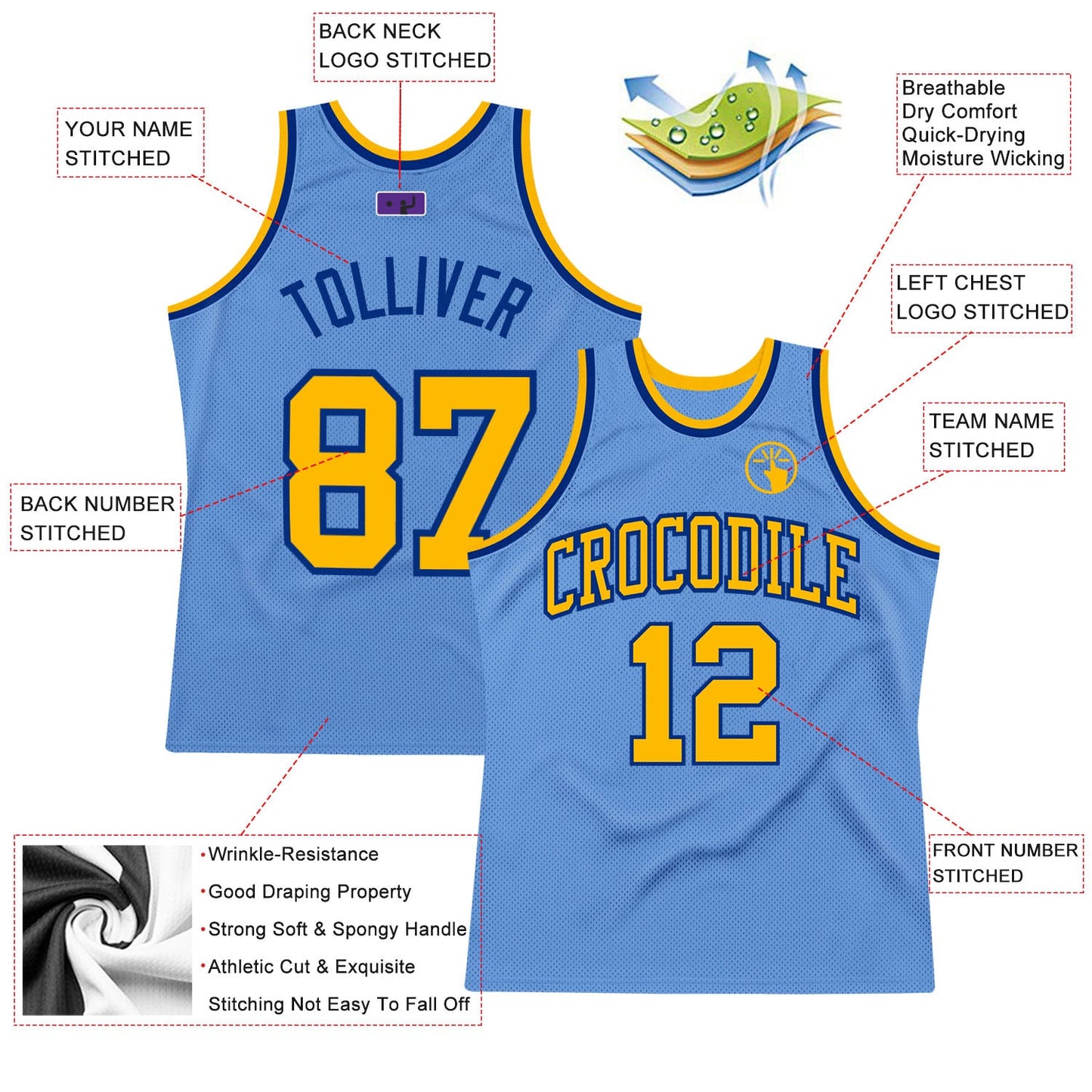Custom Light Blue Gold-Royal Authentic Throwback Basketball Jersey view 2