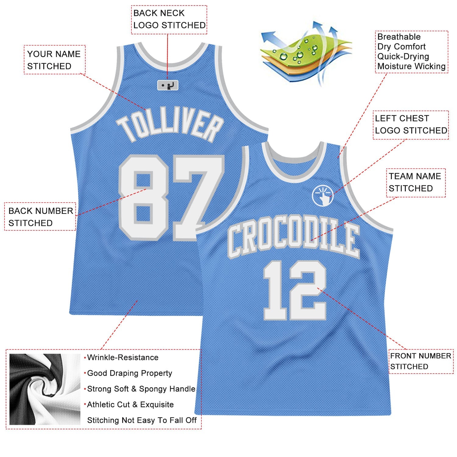 Custom Light Blue White-Gray Authentic Throwback Basketball Jersey view 2