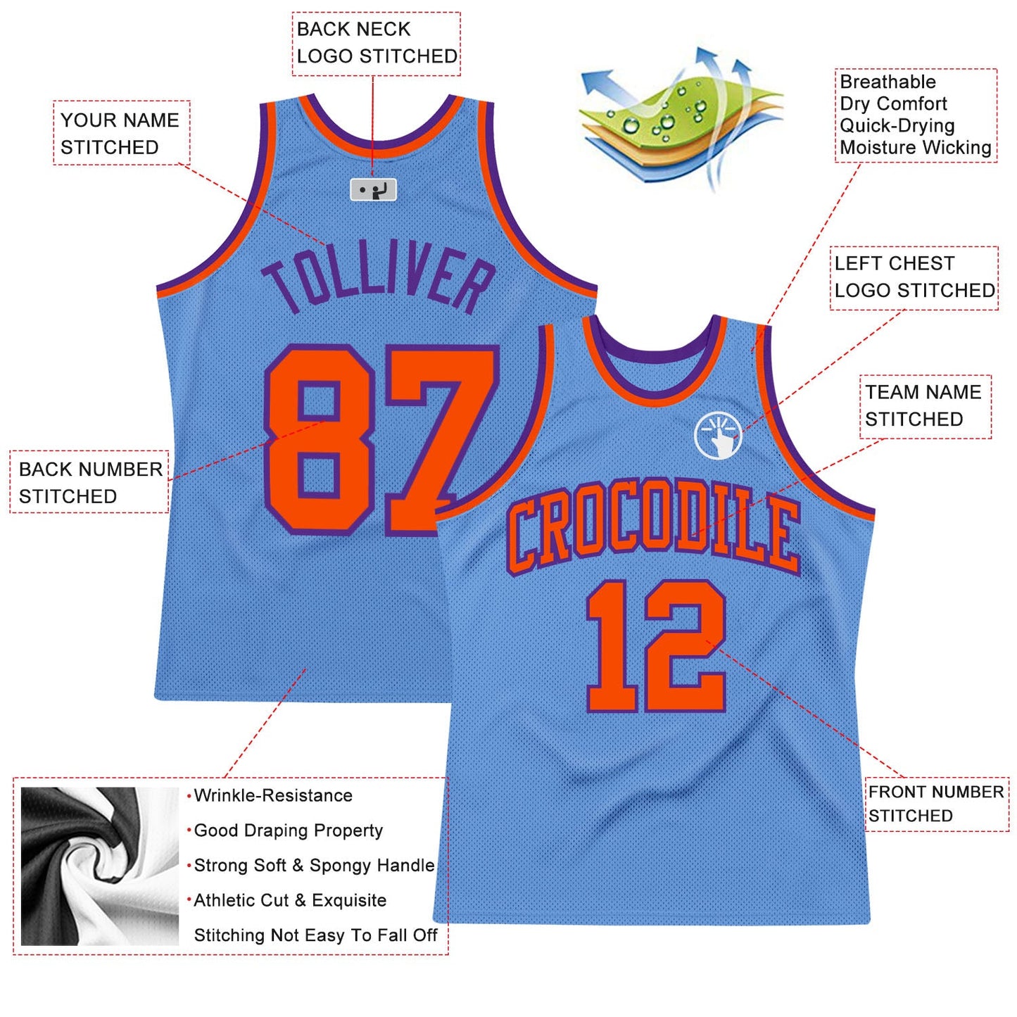 Custom Light Blue Orange-Purple Authentic Throwback Basketball Jersey view 2