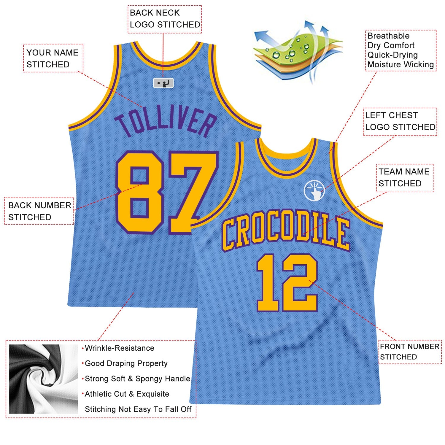 Custom Light Blue Gold-Purple Authentic Throwback Basketball Jersey view 2