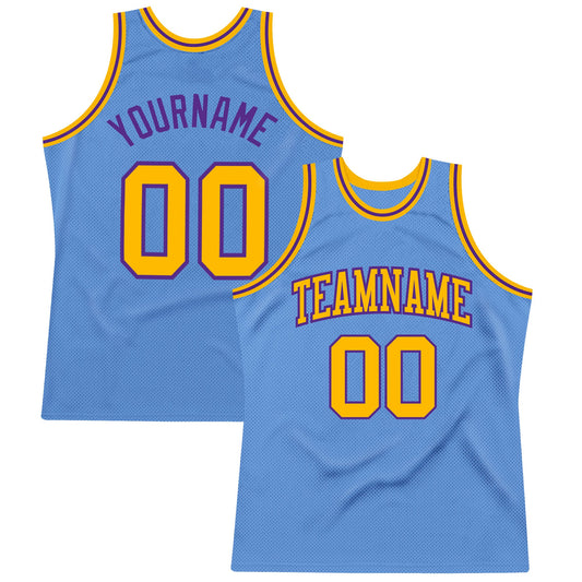Custom Light Blue Gold-Purple Authentic Throwback Basketball Jersey - Main View