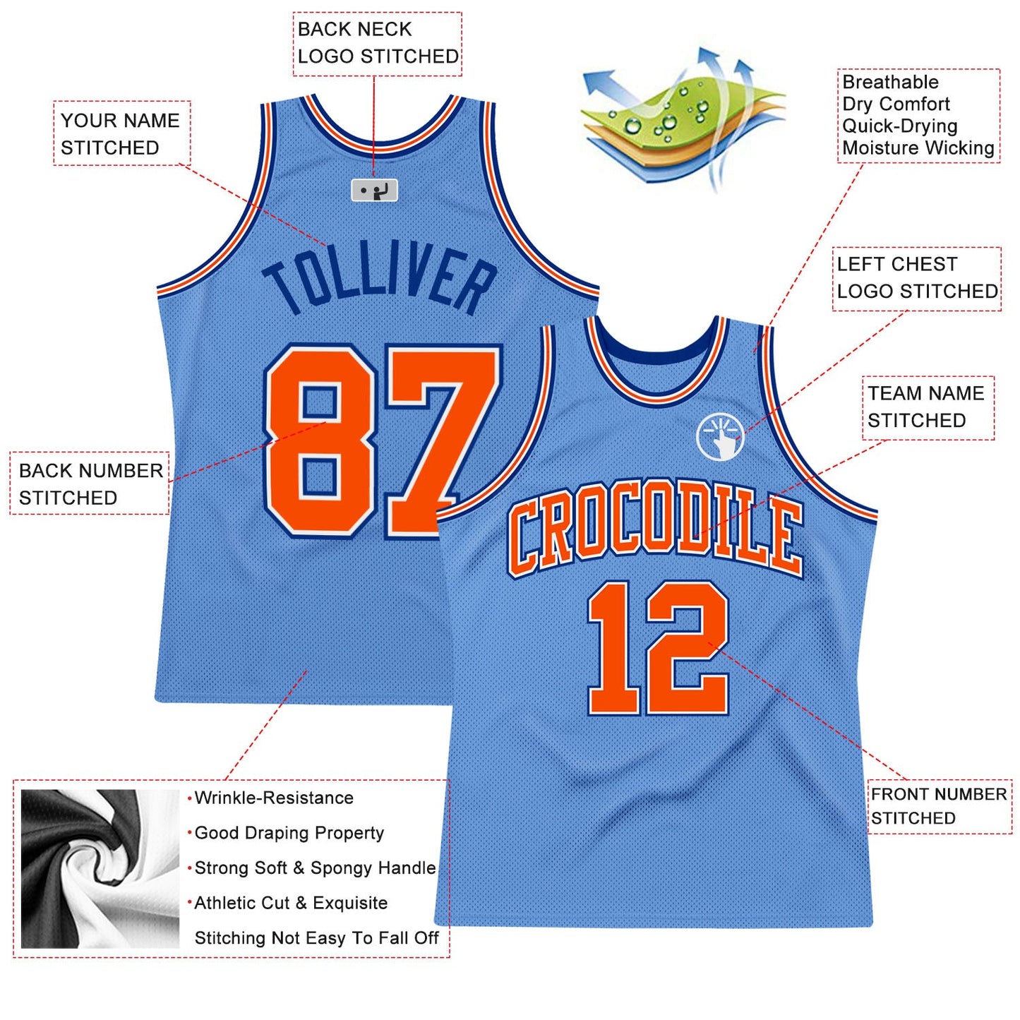 Custom Light Blue Orange-Royal Authentic Throwback Basketball Jersey view 2