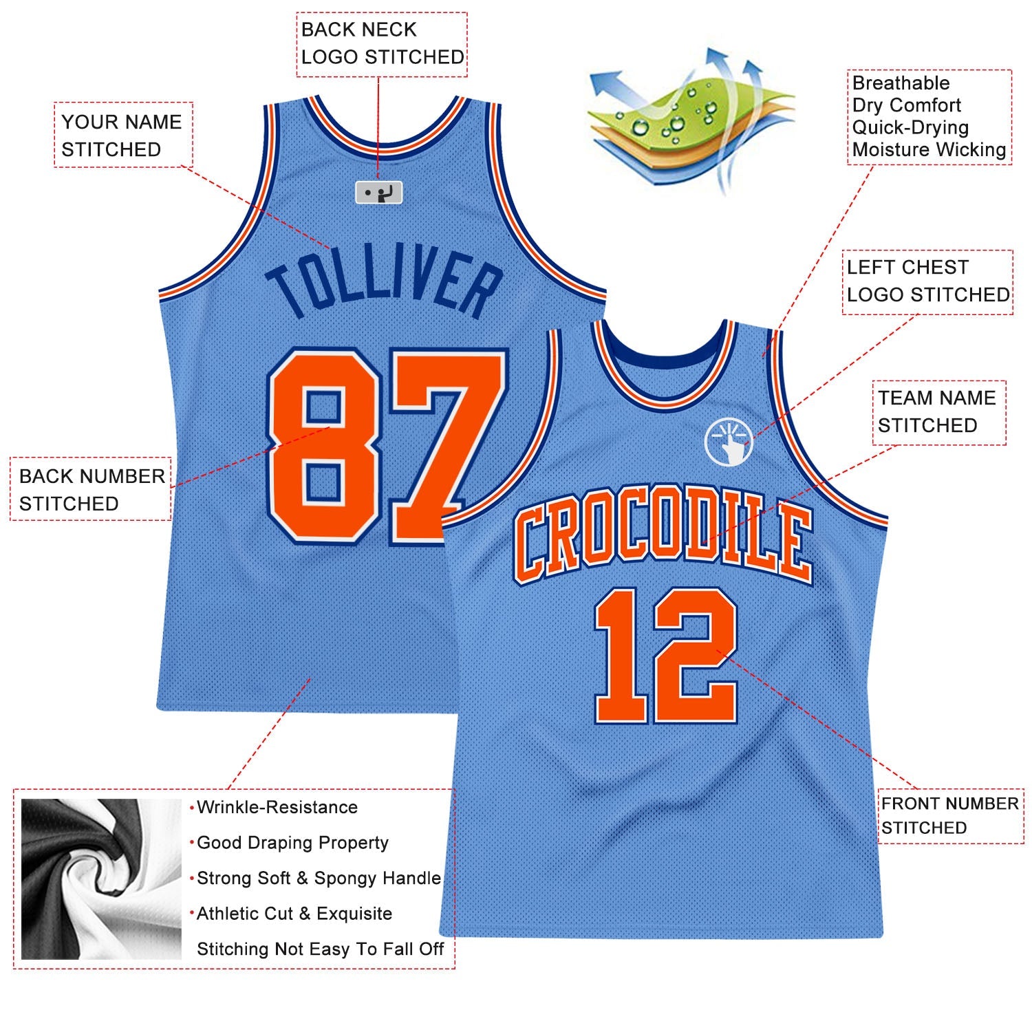 Custom Light Blue Orange-Royal Authentic Throwback Basketball Jersey view 2