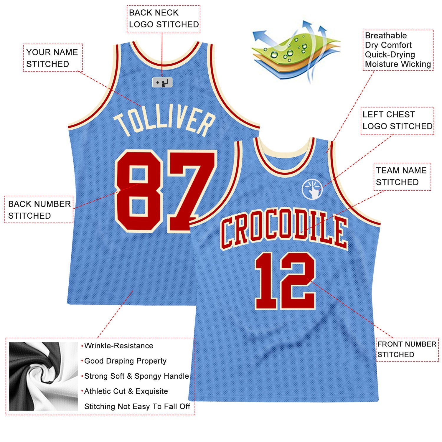Custom Light Blue Red-Cream Authentic Throwback Basketball Jersey view 2