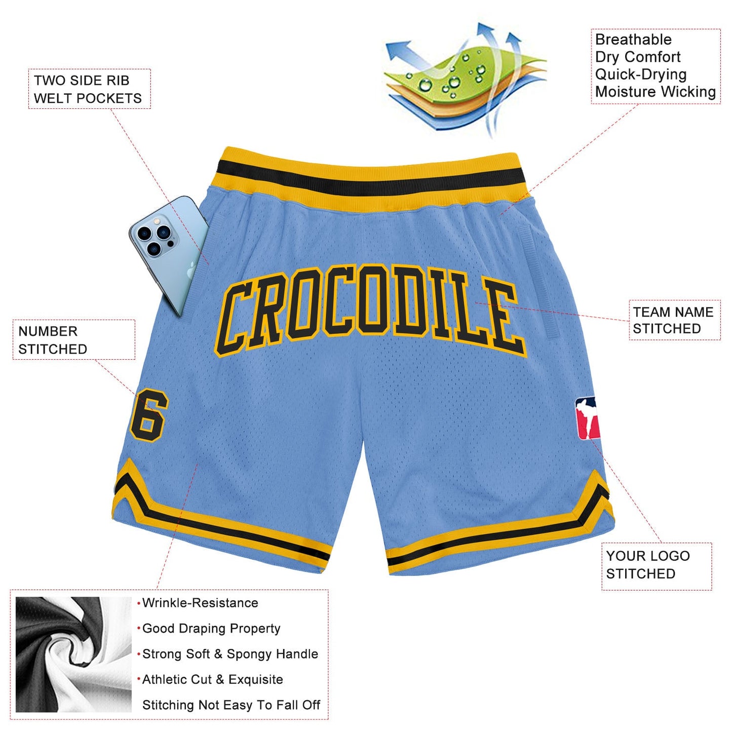 Custom Light Blue Black-Gold Authentic Throwback Basketball Shorts view 2