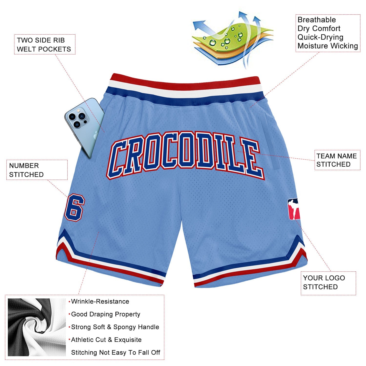 Custom Light Blue Royal-Red Authentic Throwback Basketball Shorts view 2