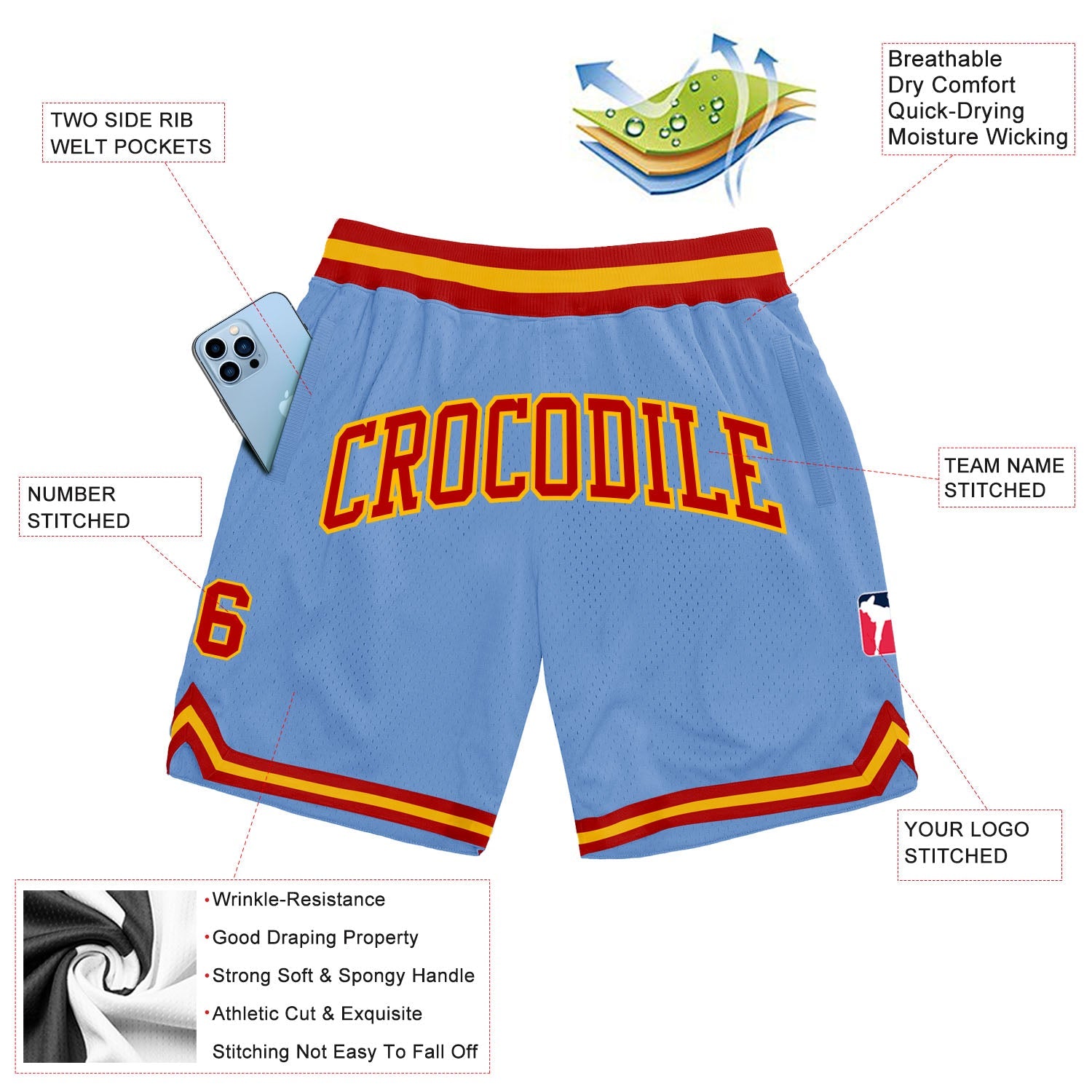 Custom Light Blue Red-Gold Authentic Throwback Basketball Shorts view 2