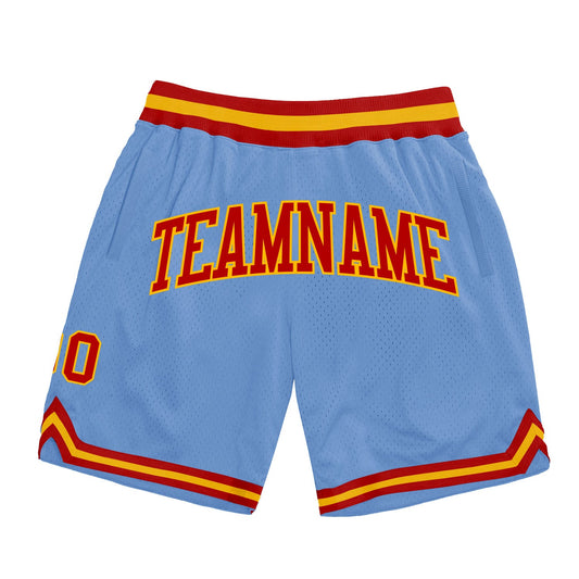 Custom Light Blue Red-Gold Authentic Throwback Basketball Shorts - Main View